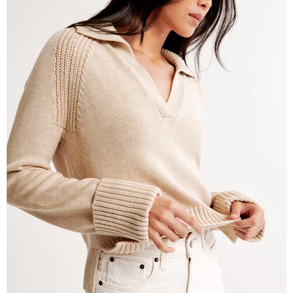Abercrombie and Fitch notch neck sweater with cuffed sleeves in oatmeal size XL - Picture 1 of 7